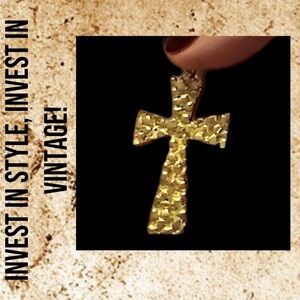 Gold Nugget Plated Cross Pendant Circa 1990s Vintage UNISEX